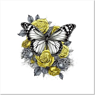 Butterfly and Yellow Roses Posters and Art